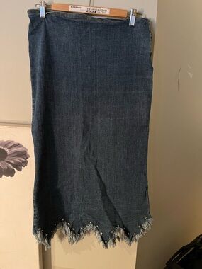 Denim Midi Skirt with Frayed Hem - Blue